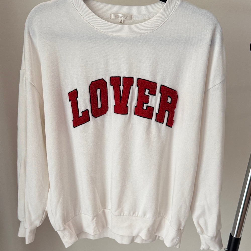 Z Supply White Sweatshirt with Red 'LOVER' Appliqué